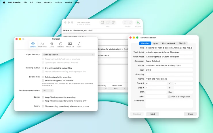 MP3 Encoder General preferences and the Metadata Editor showing track details for an audio file (Light Mode)