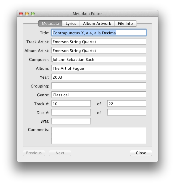 Metadata Editor window showing track title, artist, album, and other fields