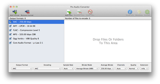 Pro Audio Converter main window with toolbar, file queue, and output formats list