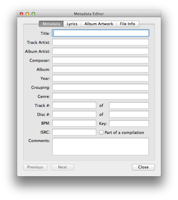 Metadata Editor window with title, artist, album, and artwork fields