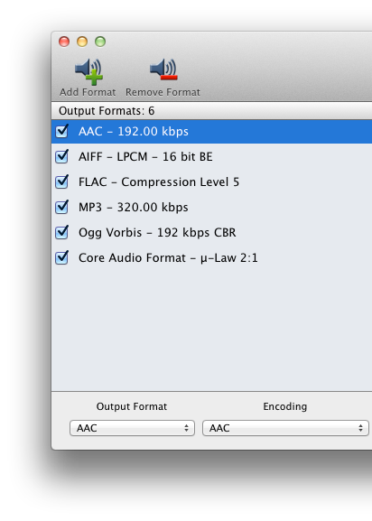 Output Formats list showing stacked encoder entries