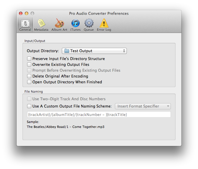 General preferences tab showing output directory and file-naming options