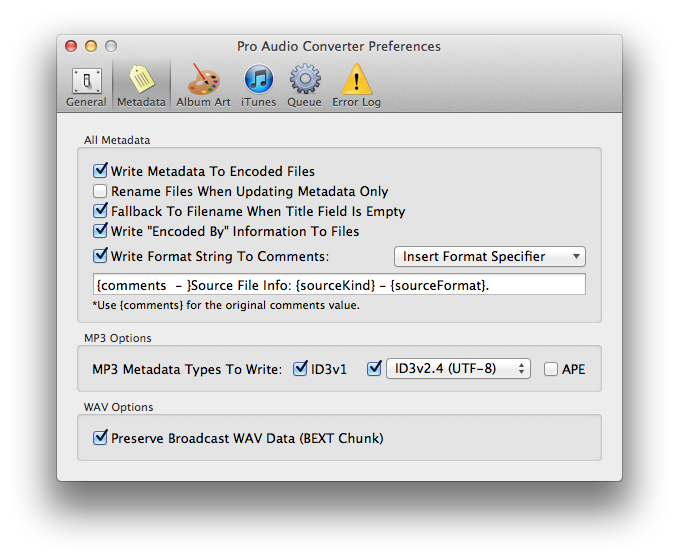 Metadata preferences tab