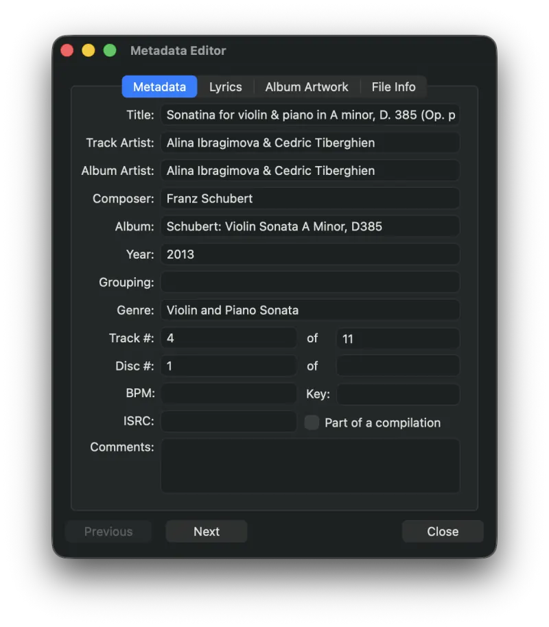 Pro Audio Converter Metadata Editor window showing track title, artist, album, and other fields