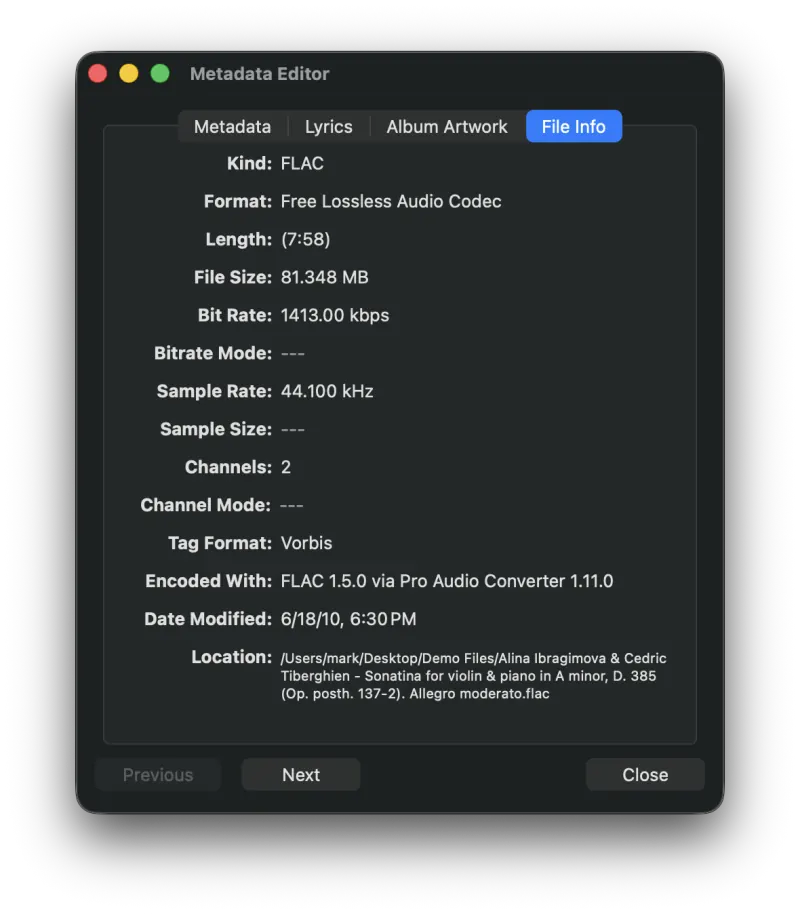 Pro Audio Converter File Info tab showing properties of the selected source file