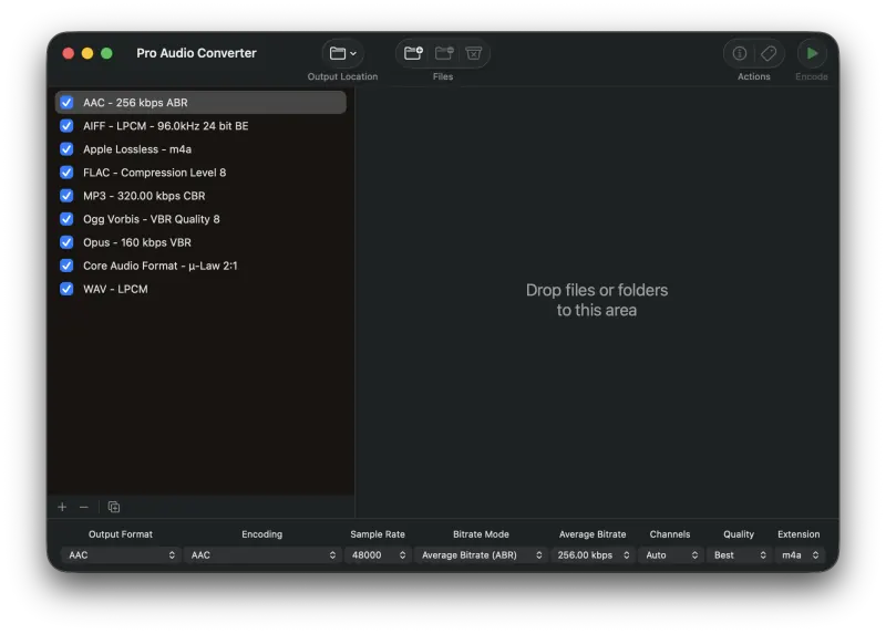 Pro Audio Converter main window in its default state with an empty queue, ready for files