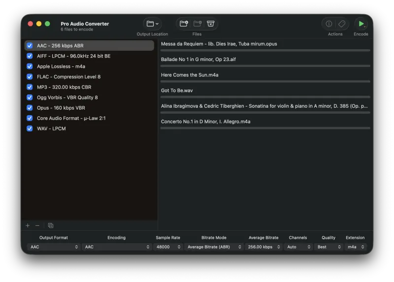 Pro Audio Converter main window with toolbar, file queue, and output formats list