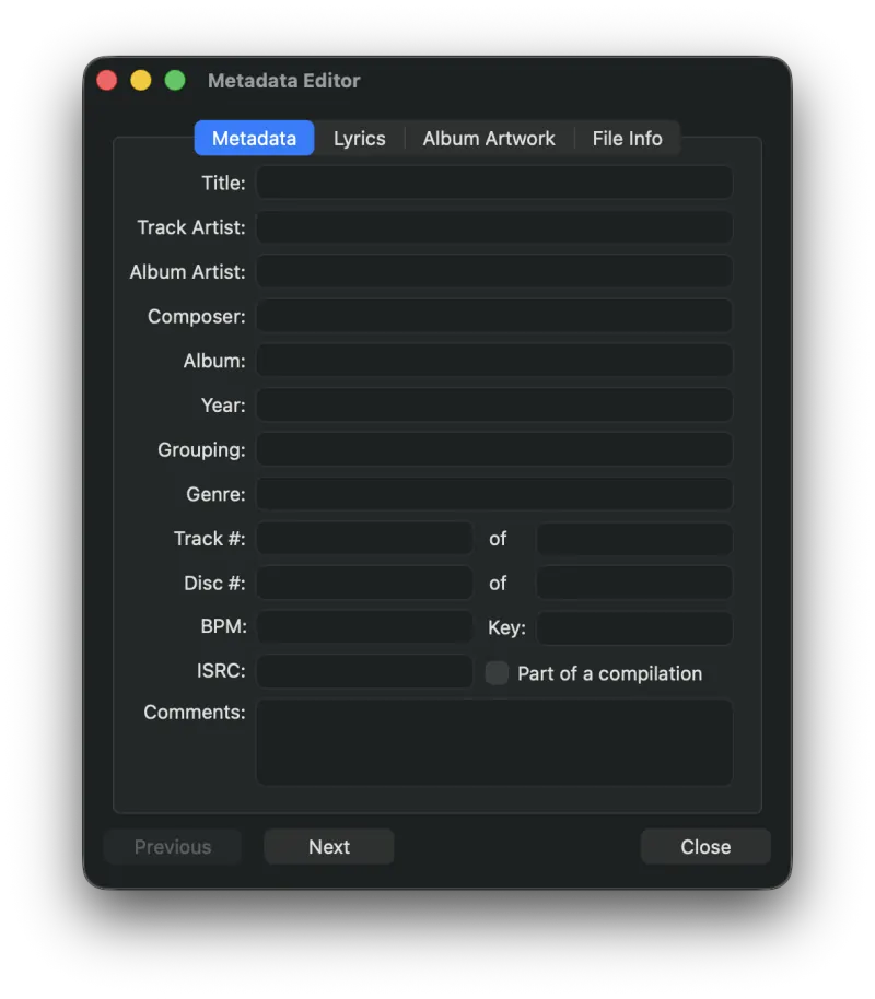 Pro Audio Converter Metadata Editor window with title, artist, album, and artwork fields