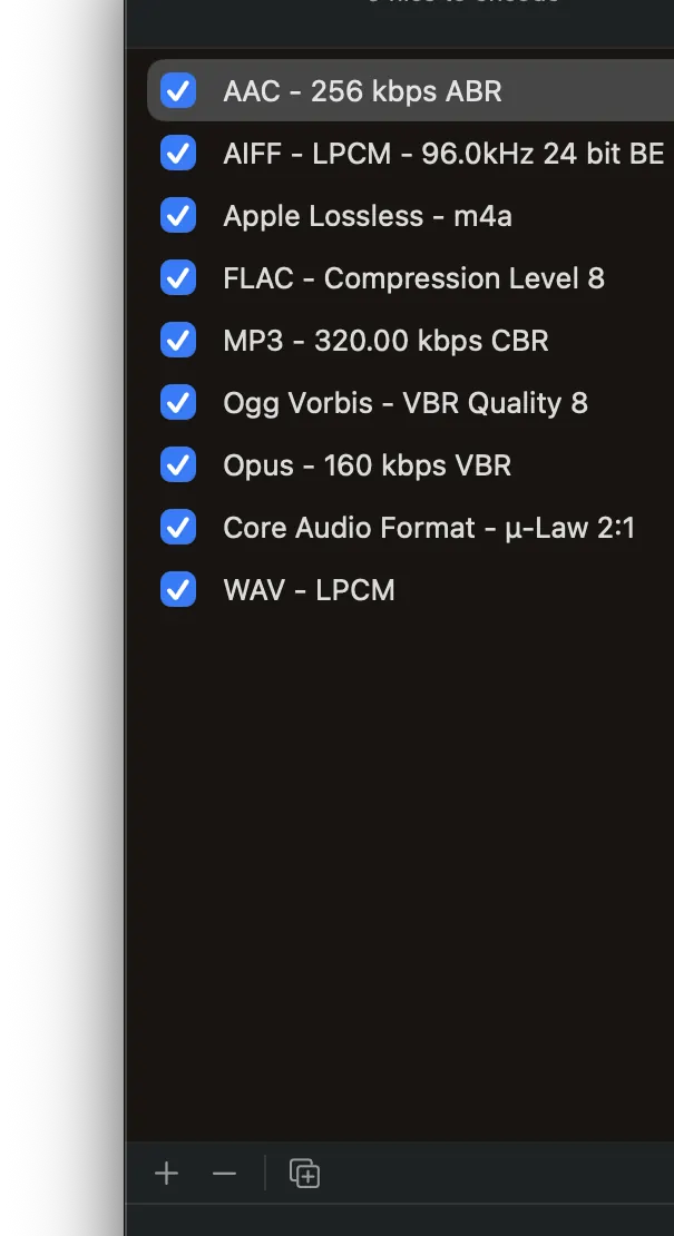Pro Audio Converter output formats list with stacked encoder entries