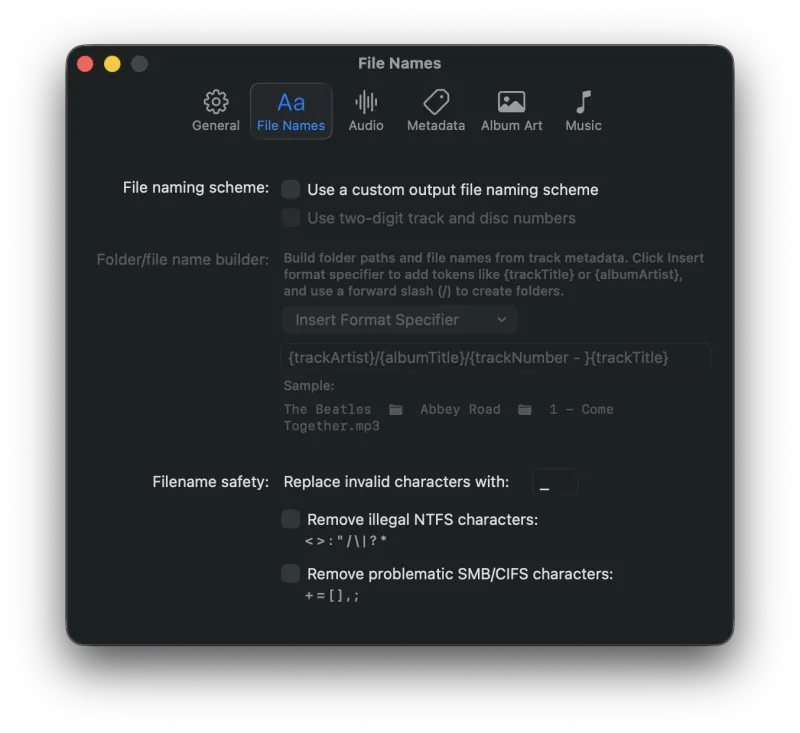 Pro Audio Converter Settings File Names tab