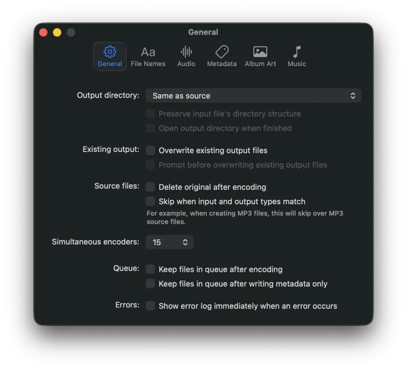 Pro Audio Converter Settings General tab