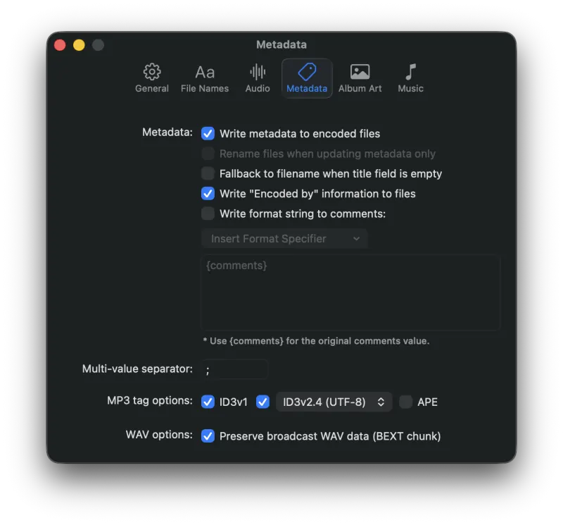 Pro Audio Converter Settings Metadata tab
