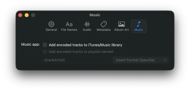 Pro Audio Converter Settings Music tab
