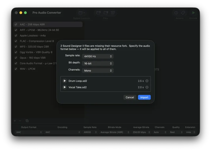 Pro Audio Converter Raw Audio Import sheet, showing sample rate, bit depth, and channels popups, and a list of two raw-audio files needing import