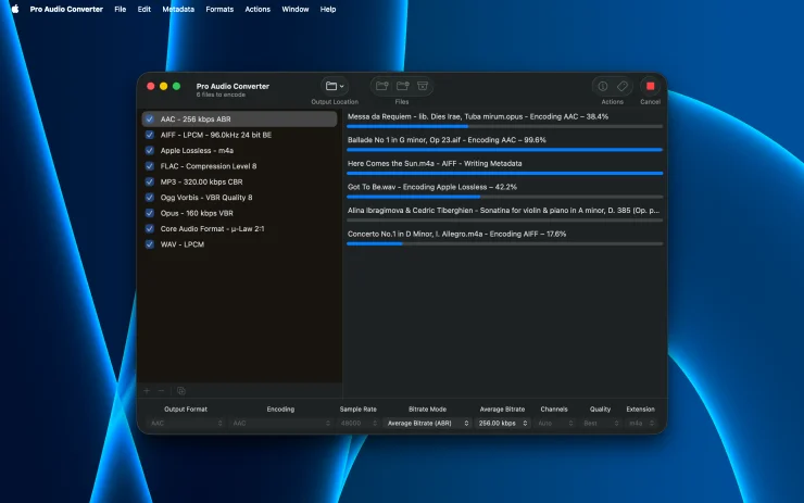 Pro Audio Converter encoding multiple audio files at once with per-row progress bars and codec status (Dark Mode)