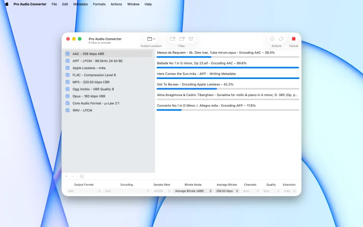 Pro Audio Converter encoding multiple audio files at once with per-row progress bars and codec status (Light Mode)