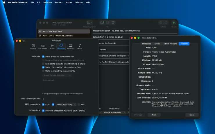 Pro Audio Converter metadata preferences alongside the File Info tab of the Metadata Editor showing source file details (Dark Mode)