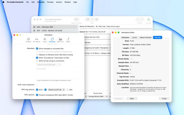 Pro Audio Converter metadata preferences alongside the File Info tab of the Metadata Editor showing source file details (Light Mode)