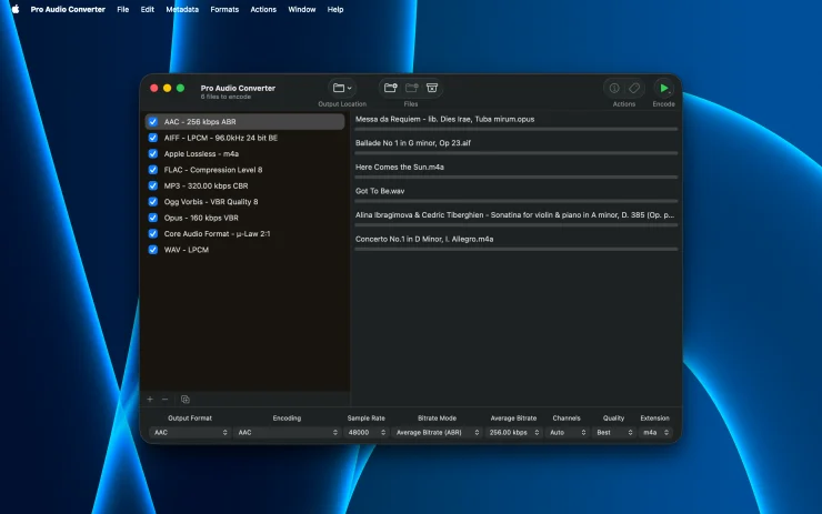 Pro Audio Converter on macOS with a queue of audio files and nine output formats configured for batch conversion (Dark Mode)