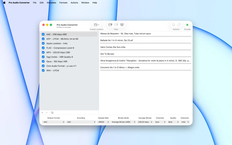 Pro Audio Converter on macOS with a queue of audio files and nine output formats configured for batch conversion (Light Mode)