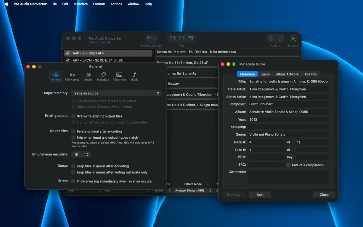 Pro Audio Converter General preferences and the Metadata Editor showing track details for an audio file (Dark Mode)