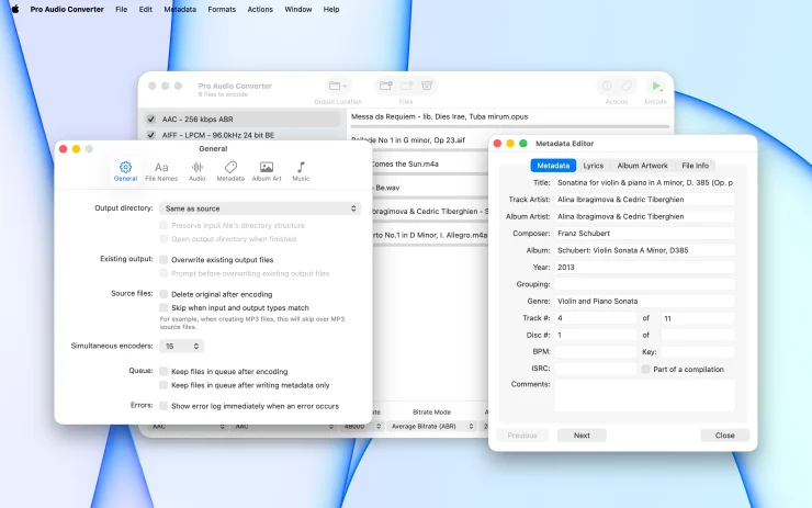 Pro Audio Converter General preferences and the Metadata Editor showing track details for an audio file (Light Mode)