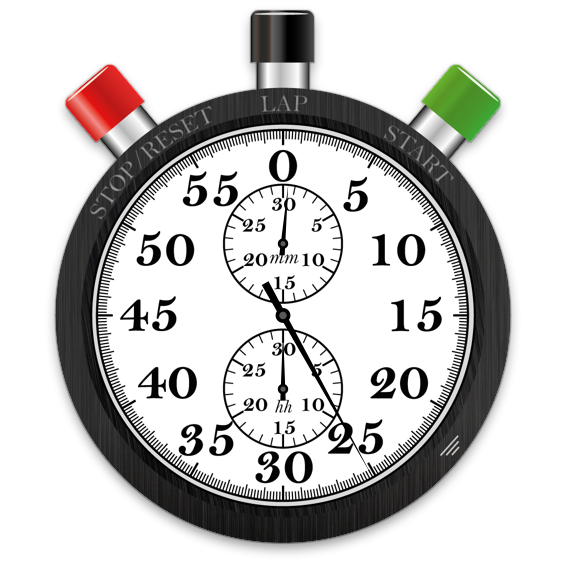 Stopwatch Pro analog view with a large seconds dial, smaller minutes and hours dials, and Start, Stop, and Lap buttons in a metallic housing