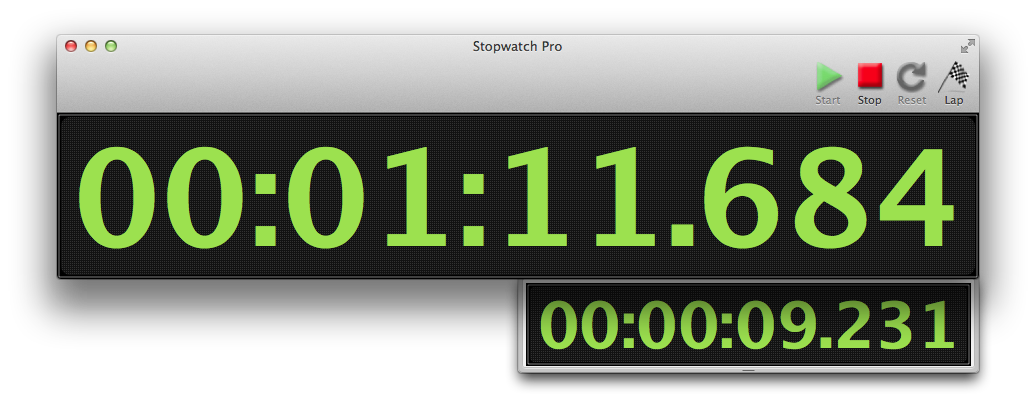 Stopwatch Pro digital view on macOS showing a large green hh:mm:ss.SSS timer readout with a lap drawer beneath