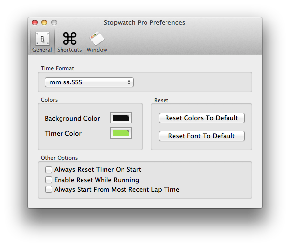 Stopwatch Pro General preferences pane with a Time Format popup, Timer Color and Background Color wells, and checkboxes for reset behaviors