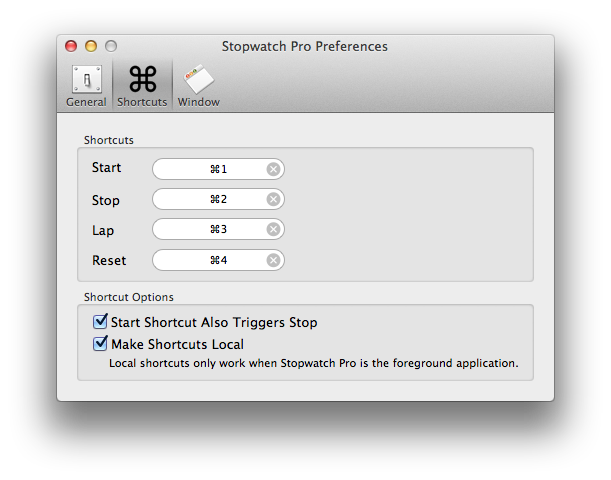 Stopwatch Pro Shortcuts preferences pane with shortcut recorder fields for Start, Stop, Lap, and Reset, plus local-vs-global toggles