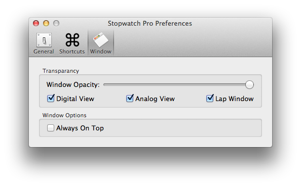 Stopwatch Pro Window preferences pane with opacity sliders for each window and an Always On Top checkbox