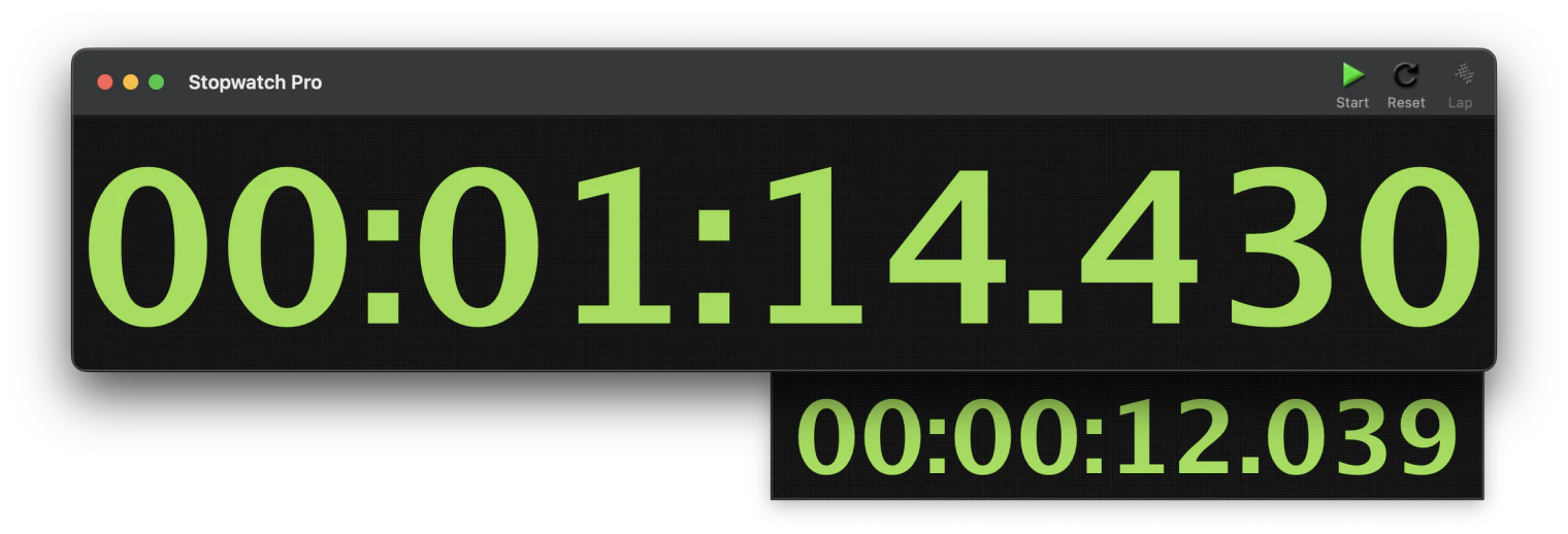 Stopwatch Pro digital view on macOS showing a large green hh:mm:ss.SSS timer readout with a lap drawer beneath