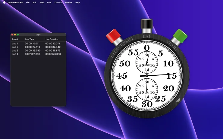 Stopwatch Pro classic analog stopwatch with the lap window and global keyboard Shortcuts settings open (Dark Mode)