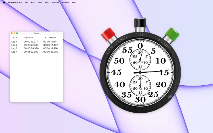 Stopwatch Pro classic analog stopwatch with the lap window and global keyboard Shortcuts settings open (Light Mode)
