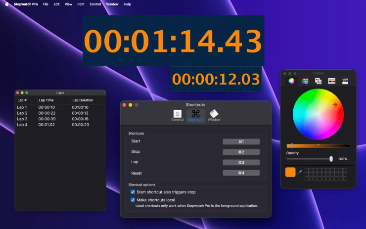 Stopwatch Pro digital stopwatch in a custom amber-on-navy color scheme with the macOS color picker open (Dark Mode)