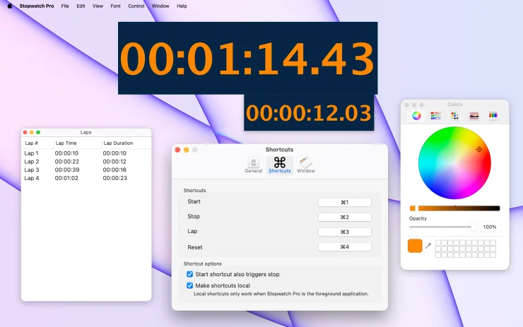 Stopwatch Pro digital stopwatch in a custom amber-on-navy color scheme with the macOS color picker open (Light Mode)