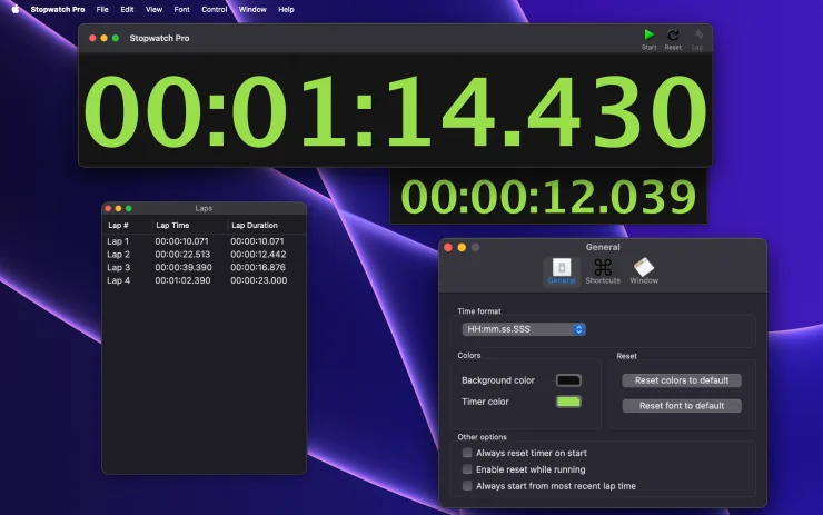 Stopwatch Pro digital stopwatch on macOS with lap window and General settings open (Dark Mode)
