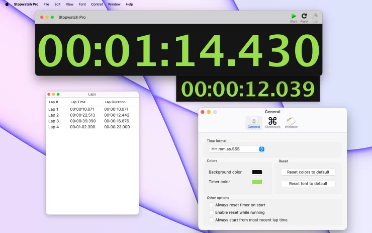 Stopwatch Pro digital stopwatch on macOS with lap window and General settings open (Light Mode)