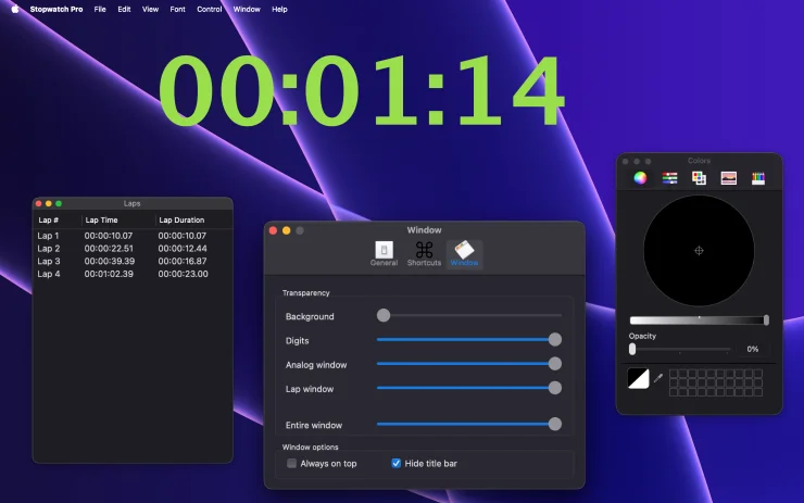 Stopwatch Pro in HUD always-on-top mode with the lap window and Window opacity settings open (Dark Mode)