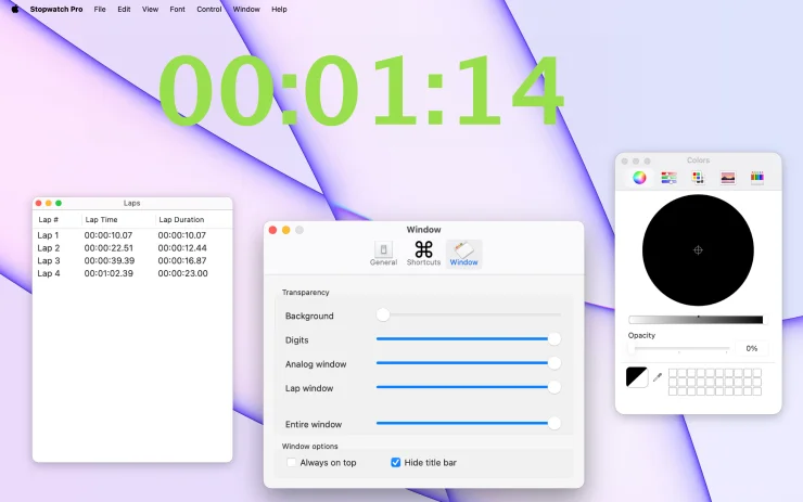Stopwatch Pro in HUD always-on-top mode with the lap window and Window opacity settings open (Light Mode)