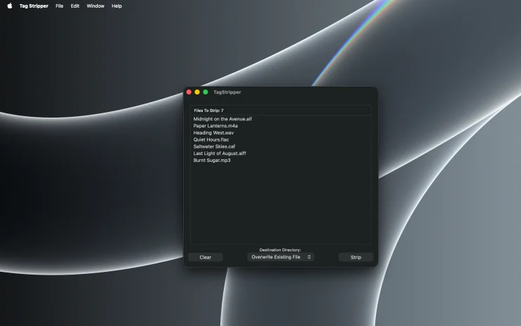 Tag Stripper main window on macOS with a list of audio files ready to have their metadata removed (Dark Mode)