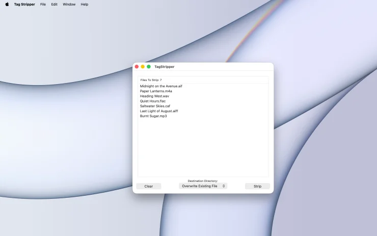 Tag Stripper main window on macOS with a list of audio files ready to have their metadata removed (Light Mode)